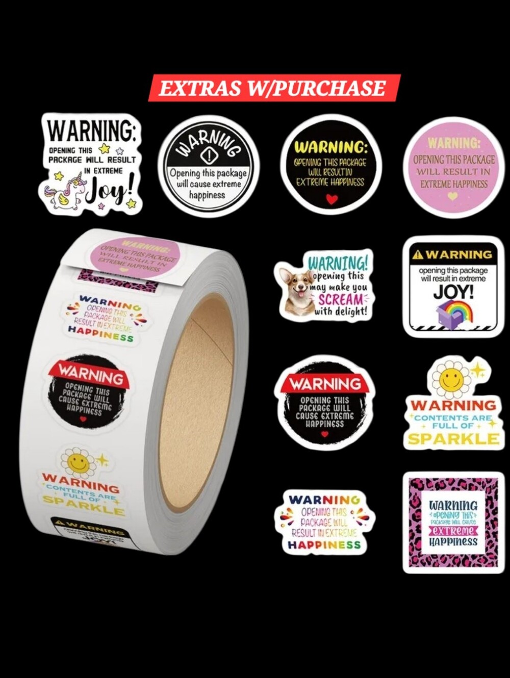 500ct. Assorted 'Warning' Sticker Roll -Bonus: 3 Random Polymailers